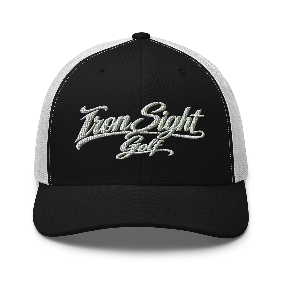 Iron Sight Golf white embroidered trucker hat in black and white - front view