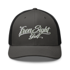 Iron Sight Golf white embroidered trucker hat in charcoal and black - front view