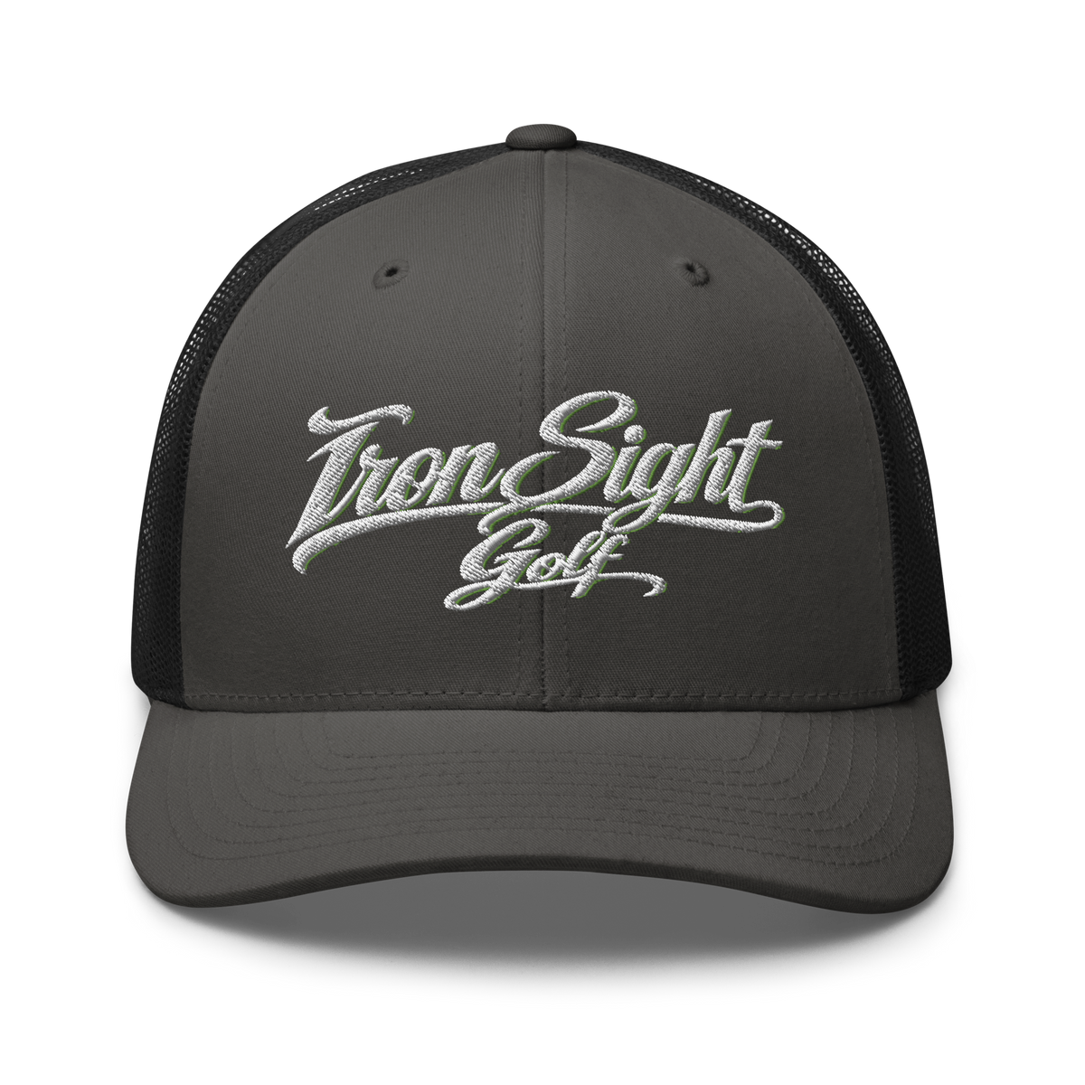 Iron Sight Golf white embroidered trucker hat in charcoal and black - front view