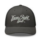 Iron Sight Golf white embroidered trucker hat in charcoal - front view