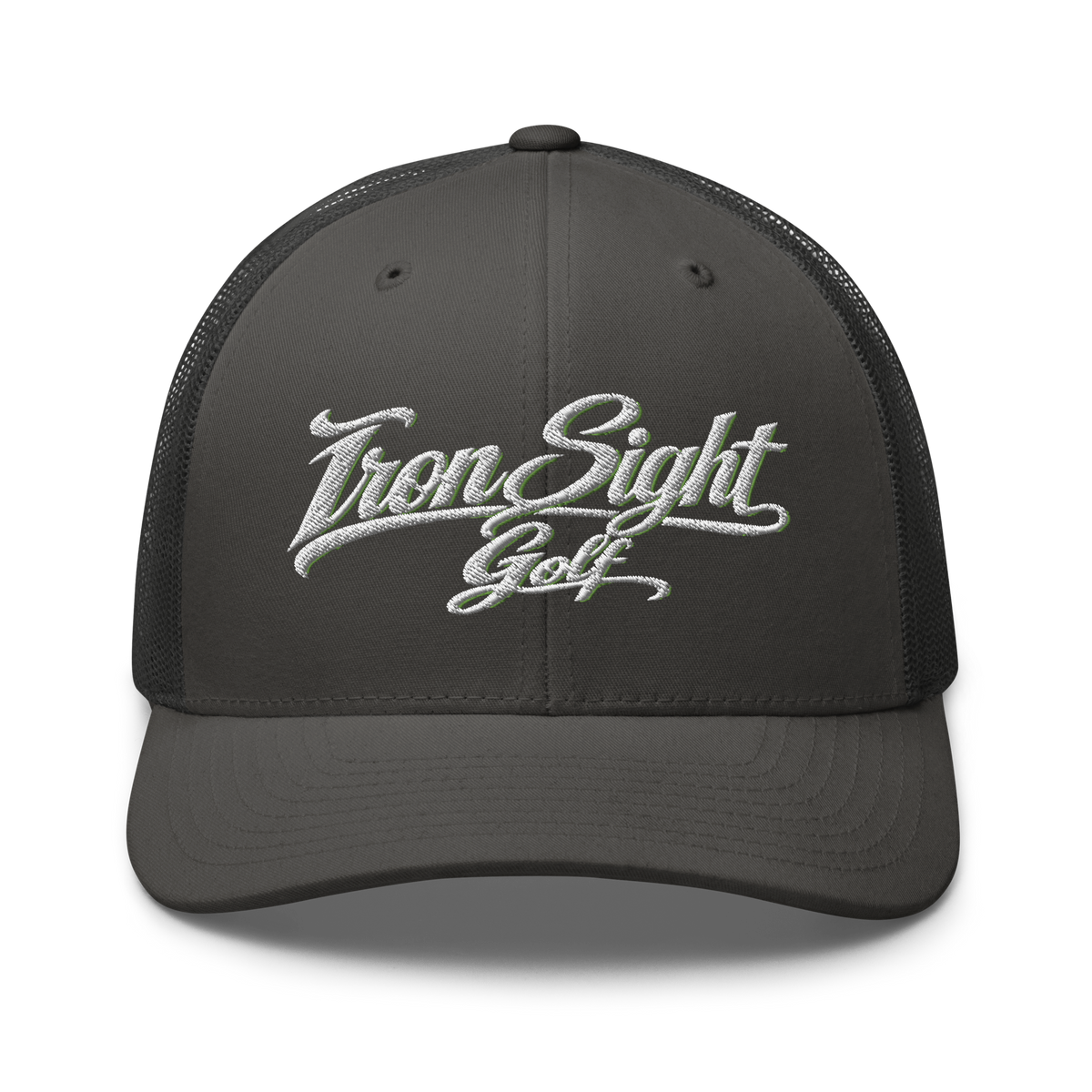 Iron Sight Golf white embroidered trucker hat in charcoal - front view