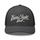 Iron Sight Golf white embroidered trucker hat in dark heather gray - front view