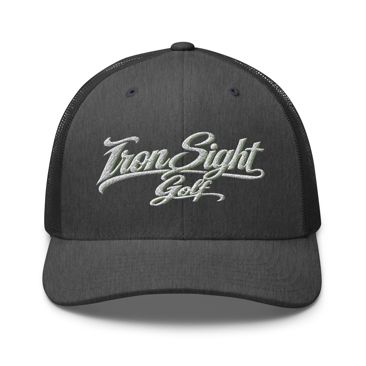 Iron Sight Golf white embroidered trucker hat in dark heather gray - front view