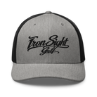 Iron Sight Golf black embroidered trucker hat in heather and black - front view