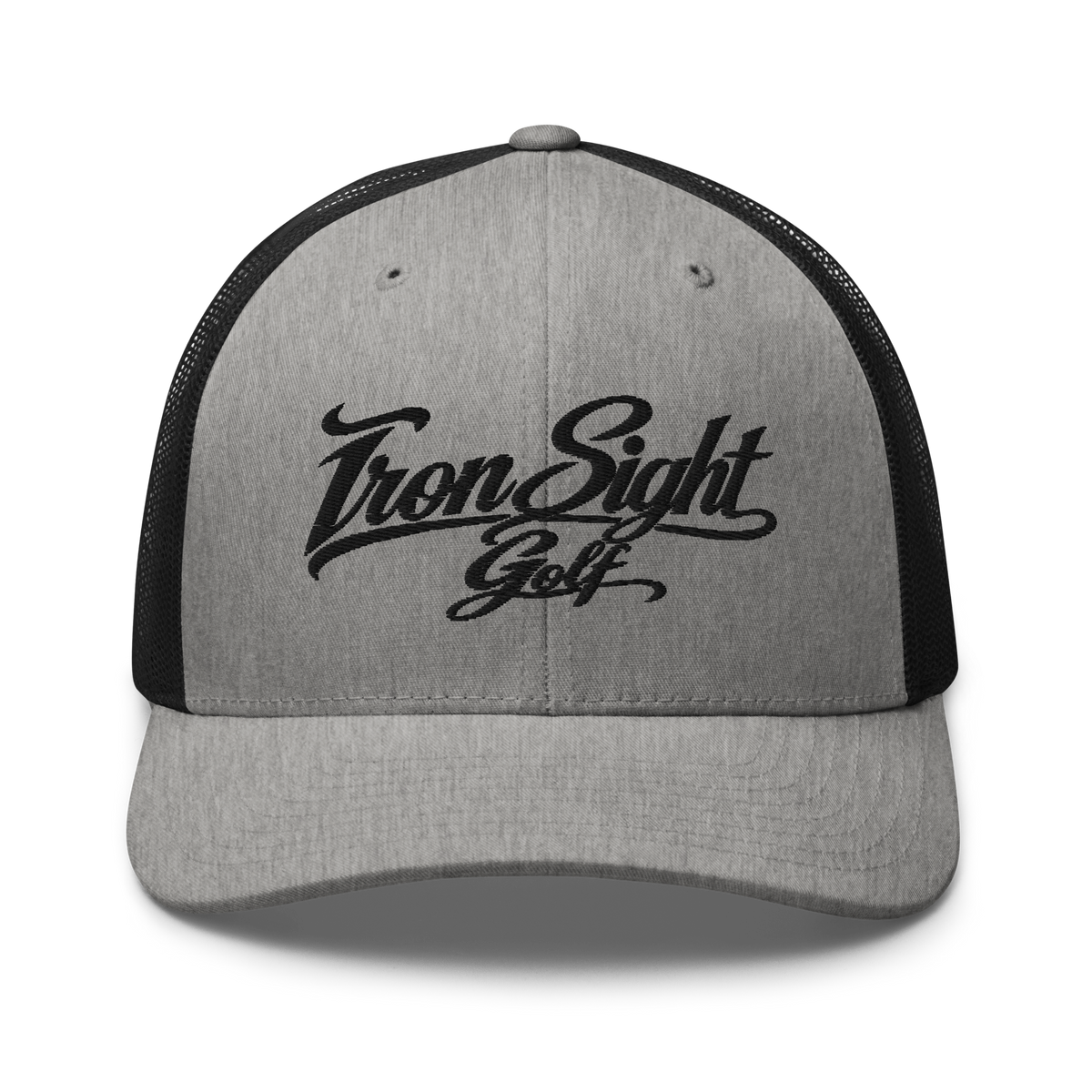 Iron Sight Golf black embroidered trucker hat in heather and black - front view