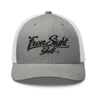 Iron Sight Golf black embroidered trucker hat in heather grey and white - front view