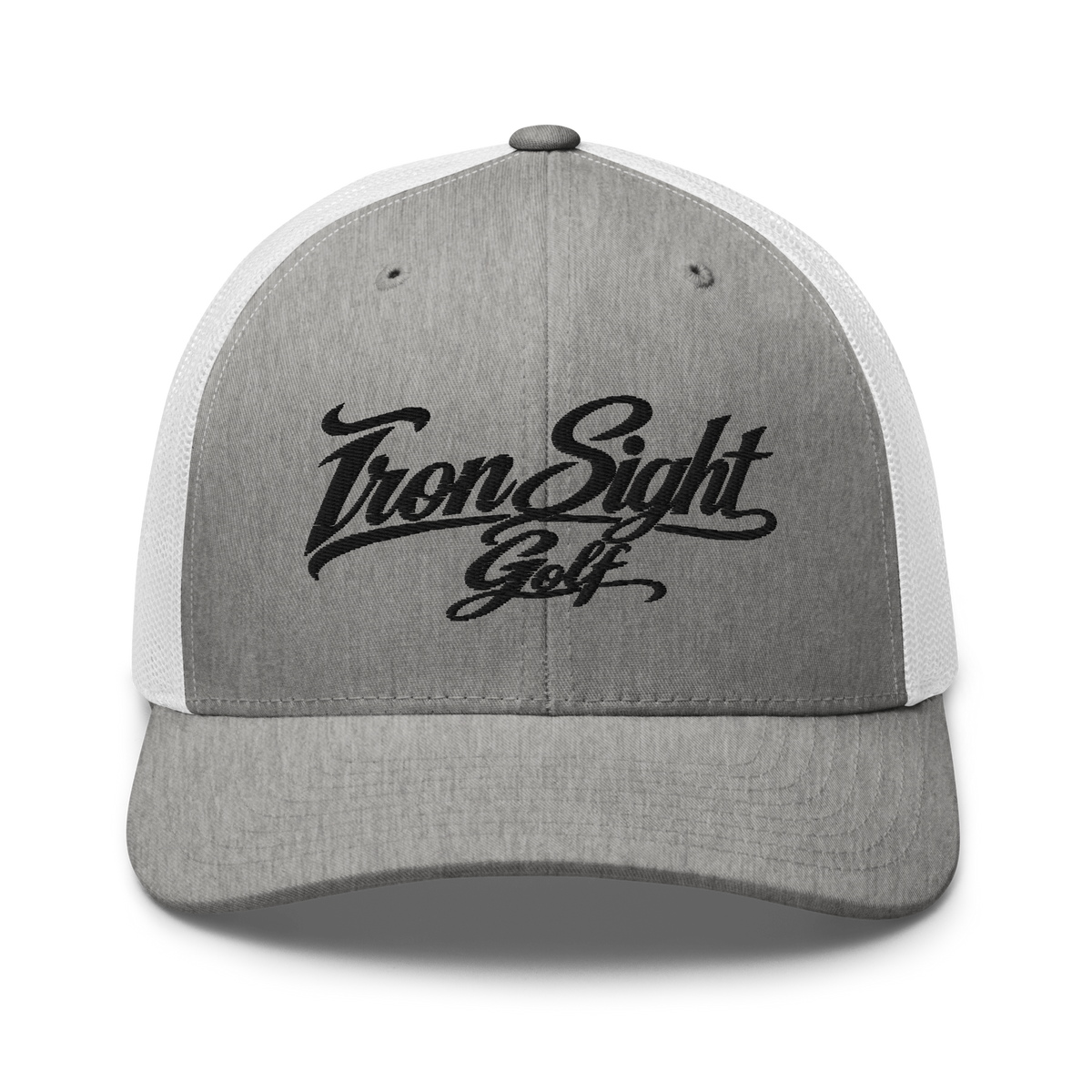 Iron Sight Golf black embroidered trucker hat in heather grey and white - front view