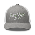 Iron Sight Golf white embroidered trucker hat in heather grey and white - front view