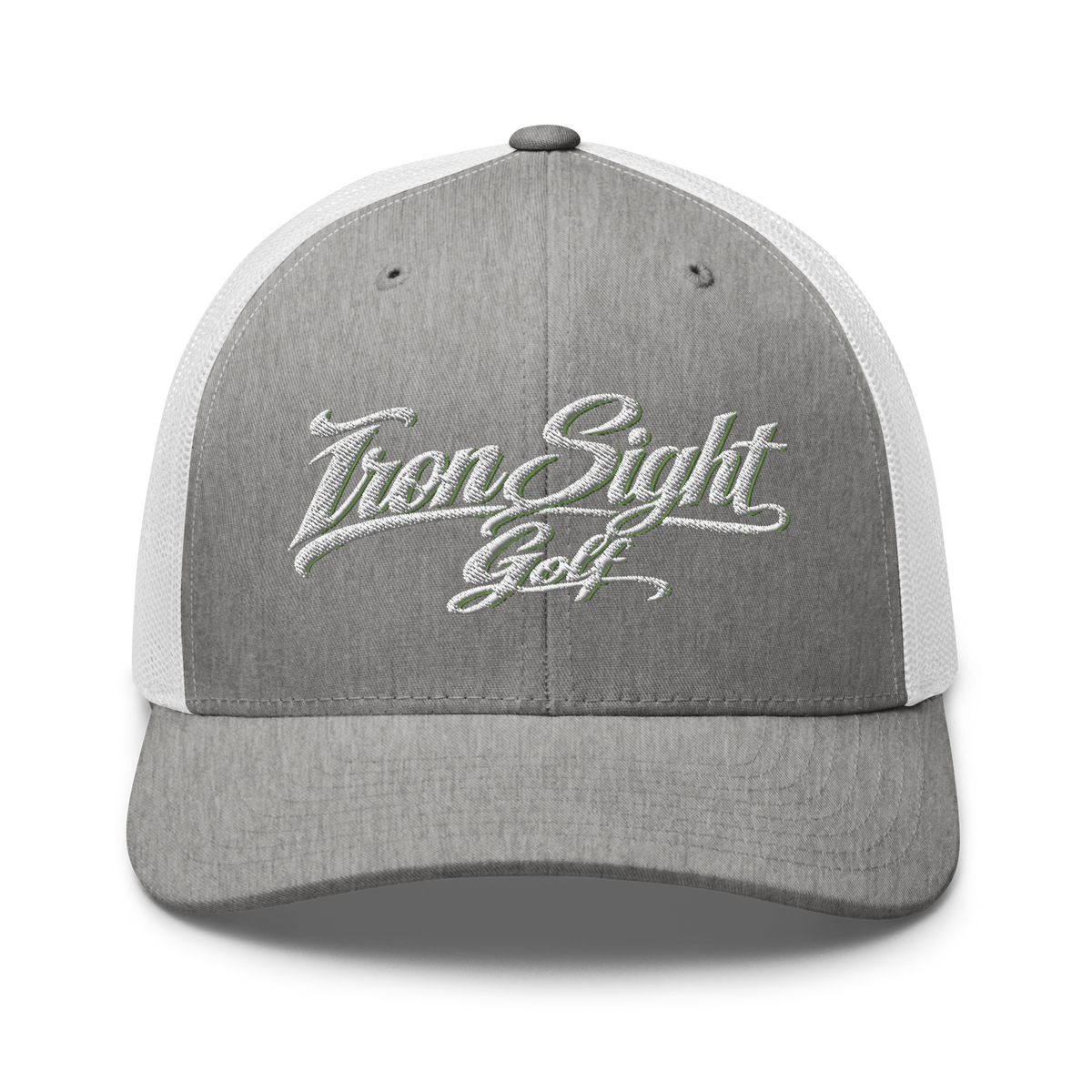 Iron Sight Golf white embroidered trucker hat in heather grey and white - front view