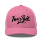 Iron Sight Golf black embroidered trucker hat in pink - front view