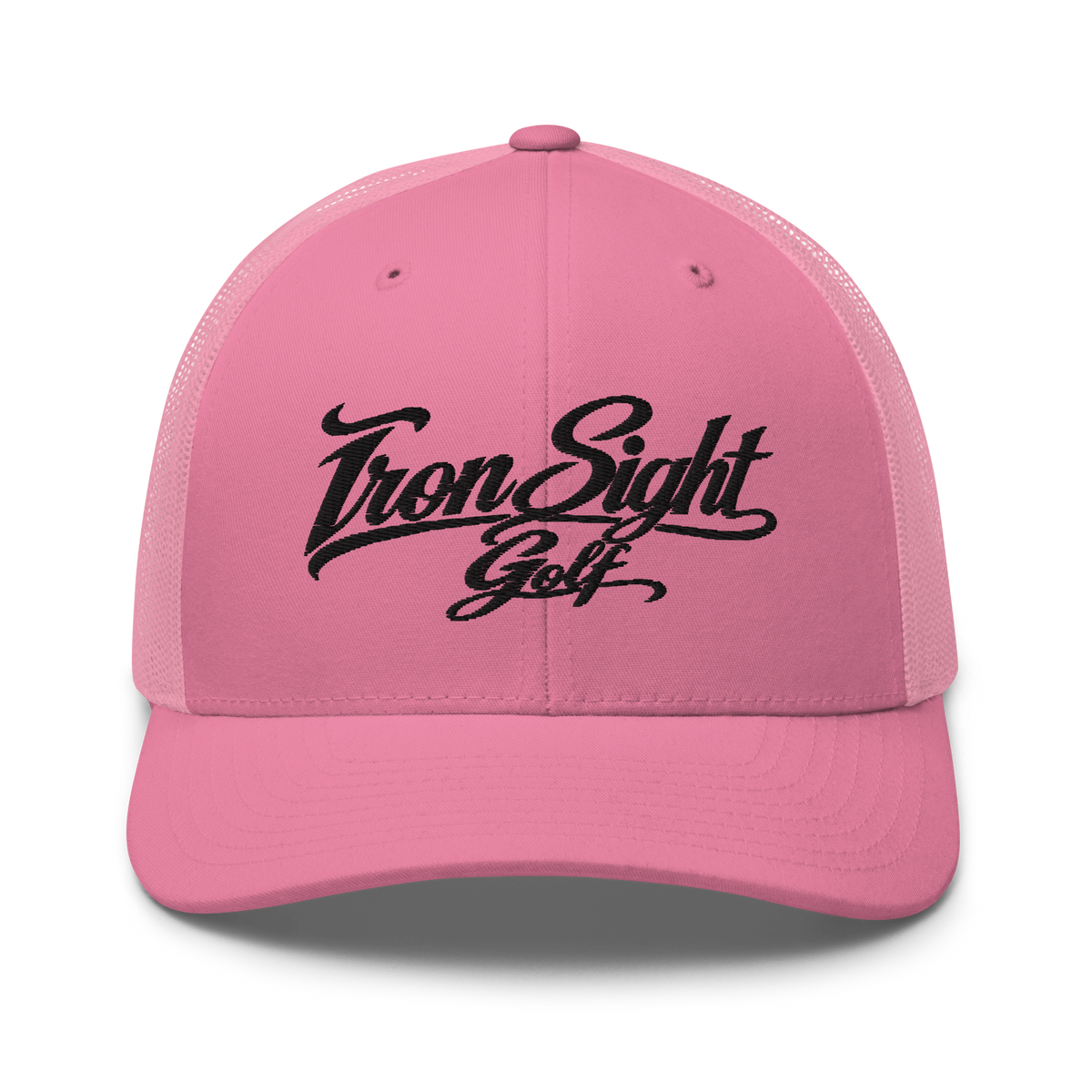 Iron Sight Golf black embroidered trucker hat in pink - front view