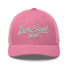 Iron Sight Golf white embroidered trucker hat in pink - front view