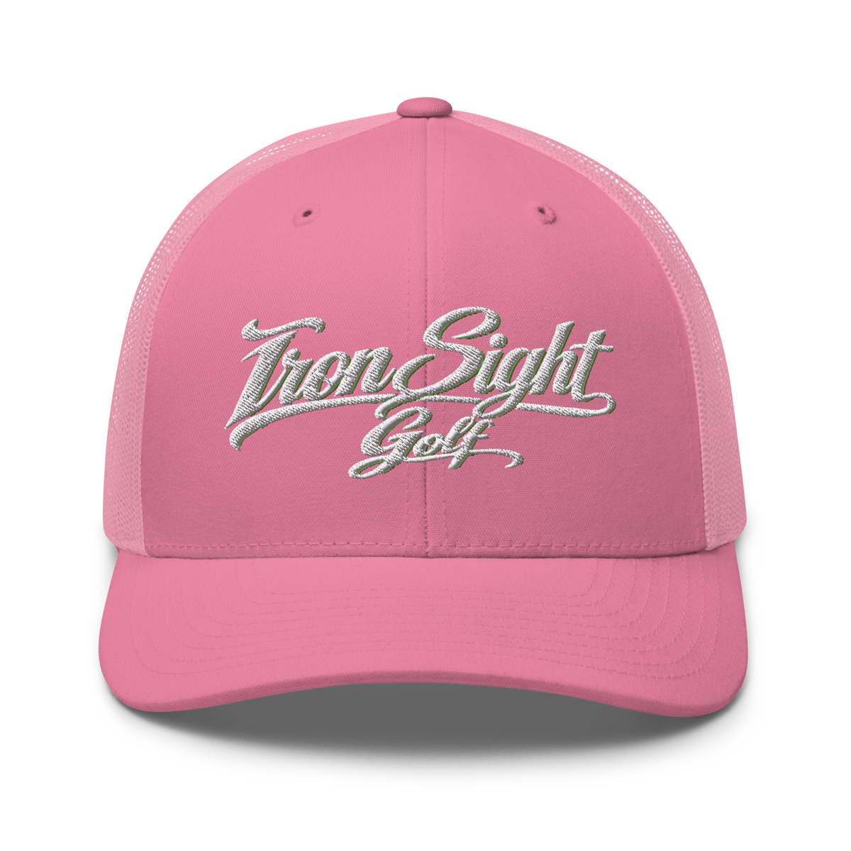 Iron Sight Golf white embroidered trucker hat in pink - front view