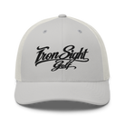 Iron Sight Golf black embroidered trucker hat in silver - front view