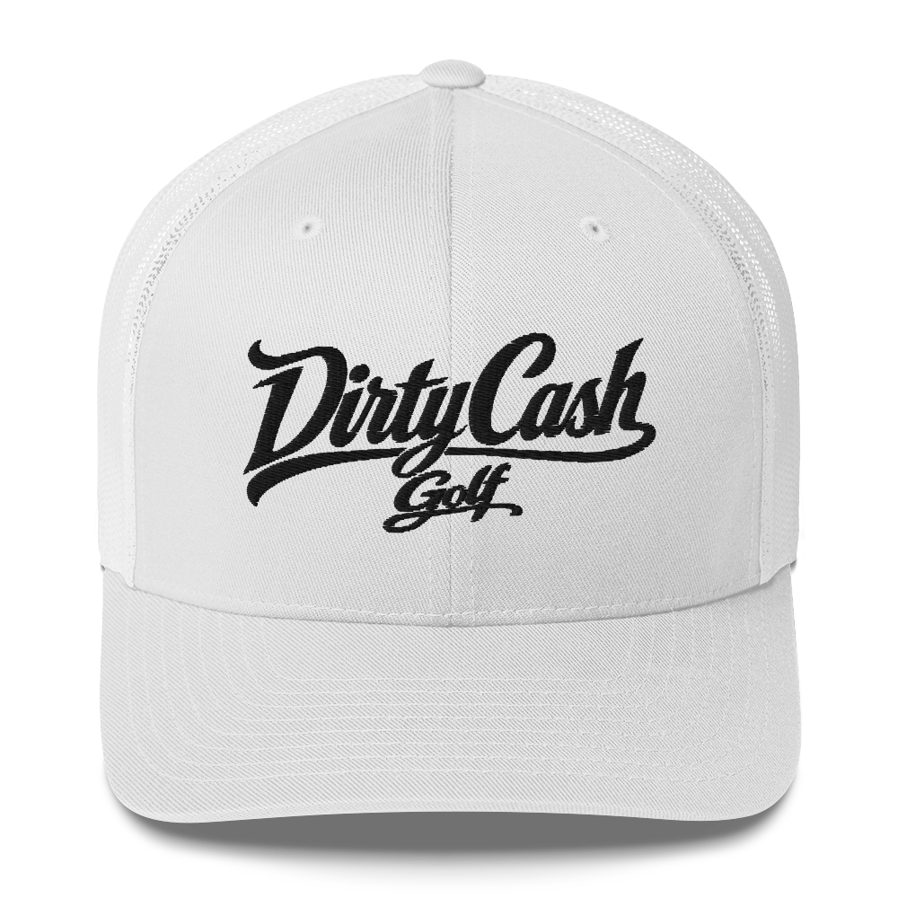 Dirty Cash Golf embroidered snapback hat with black script by Iron Sight Golf