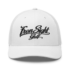 Iron Sight Golf black embroidered trucker hat in white - front view