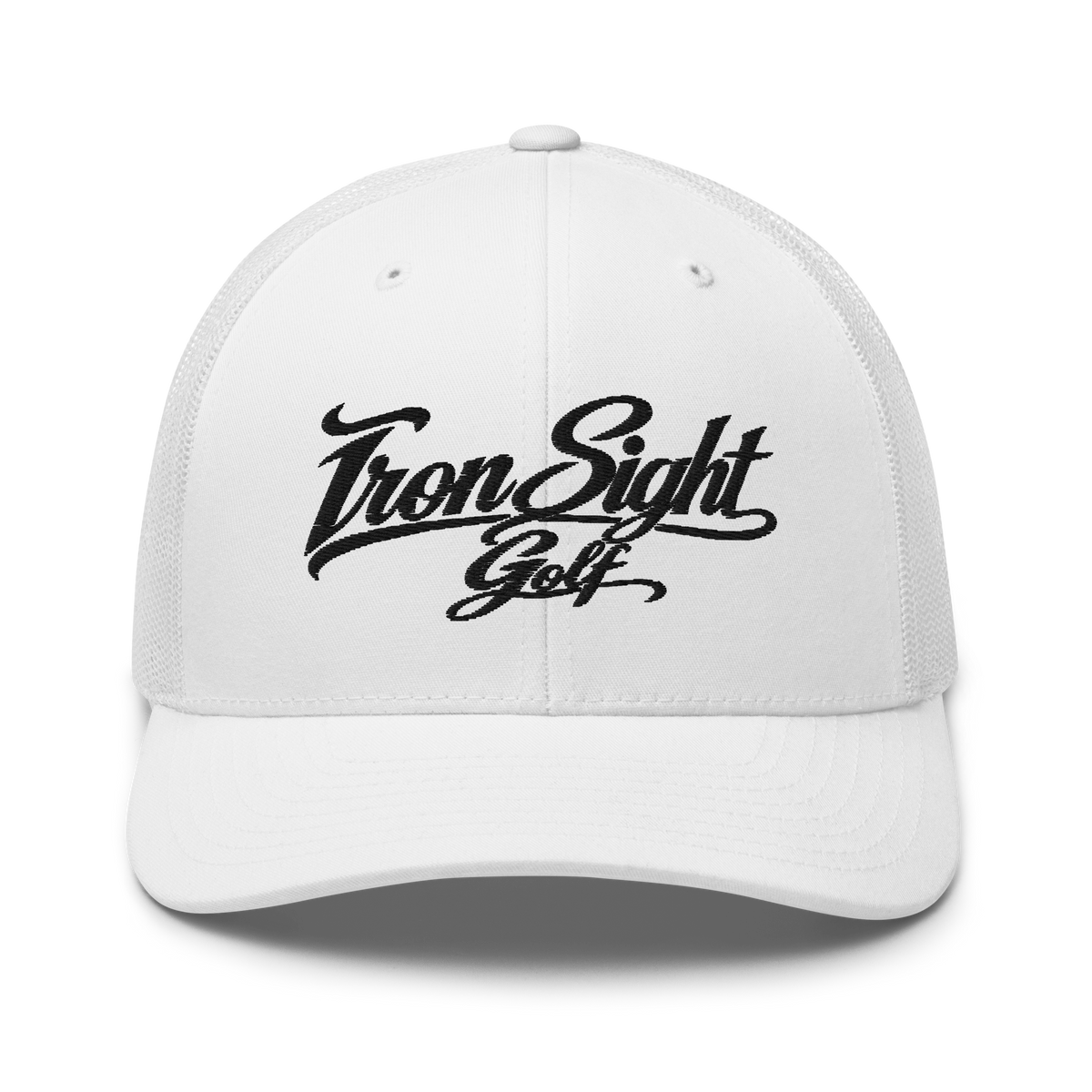 Iron Sight Golf black embroidered trucker hat in white - front view